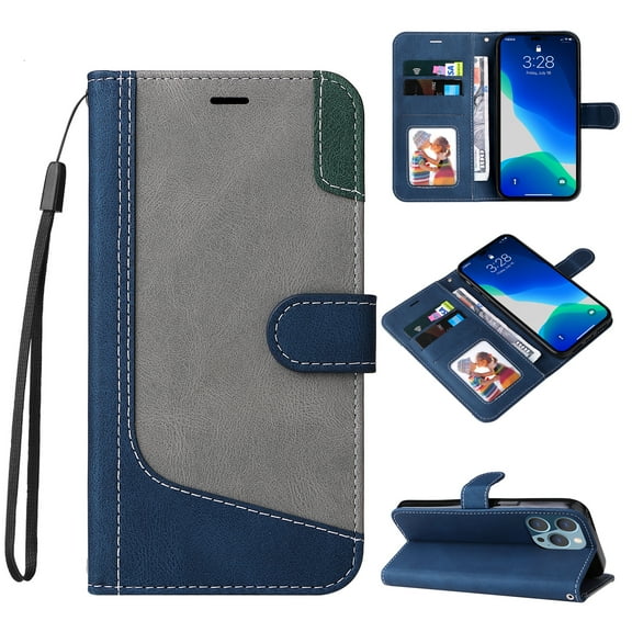 Wallet Case for iPhone 14 Pro, Buisiness Luxury PU Leather Credit Card Slots Holder Kickstand Magnetic Clasp Phone Cover with Soft Silicone Inner Shockproof Drop Resistant Case, Blue