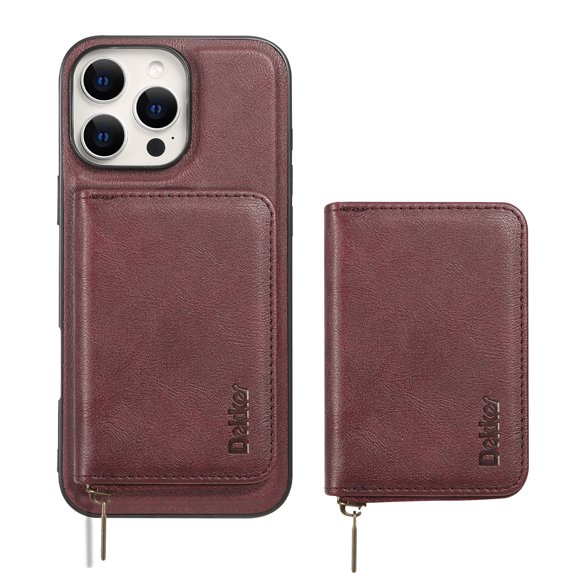 Wallet Case for iPhone 14 Pro Compatible with MagSafe for Men Women, Detachable Magnetic Flip Zipper Wallet with RFID Blocking Card Slots Shockproof Rugged Anti-fall Phone Case,Winered