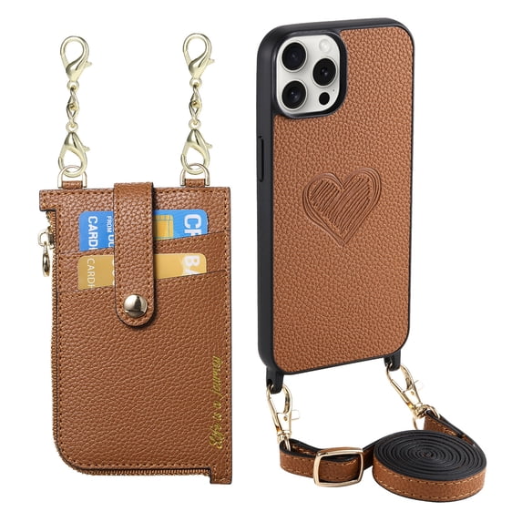 Wallet Case for iPhone 14 Pro with Detachable Card Holder, PU Leather Shoulder Strap Chain Crossbody Cover, Card Slots Heart Pattern Zipper Purse Case with Lanyard for iPhone 14 Pro, Brown