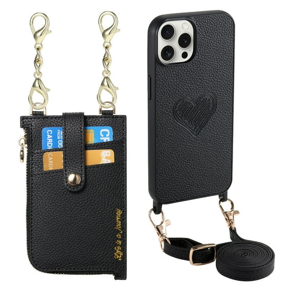 Wallet Case for iPhone 14 Pro with Detachable Card Holder, PU Leather Shoulder Strap Chain Crossbody Cover, Card Slots Heart Pattern Zipper Purse Case with Lanyard for iPhone 14 Pro, Black