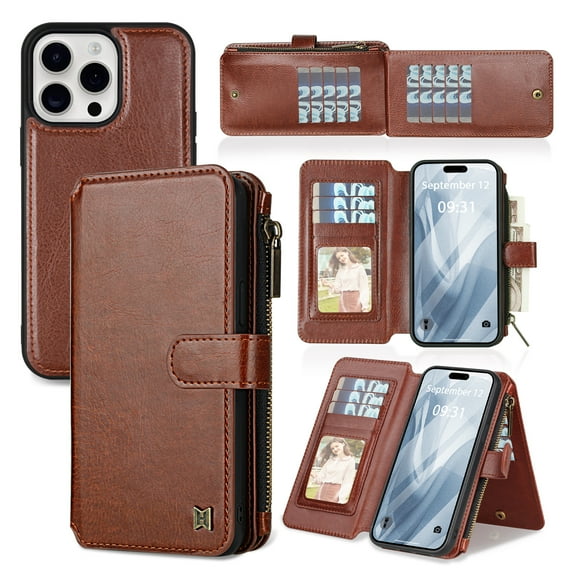 Wallet Case for iPhone 14 Pro, Detachable Magnetic Phone Case, 2-in-1 Card Slots Zipper Pocket All-Round Shockproof Protective PU Leather Purse Case for iPhone 14 Pro, Brown