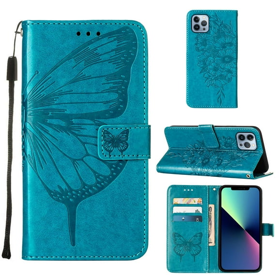Wallet Case for iPhone 14 Pro, Flower Butterfly Pattern PU Leather Shockproof Flip Folio Case with Stand Magnetic Clasp Card Slots Cash Holder Wrist Strap Phone Cover for iPhone 14 Pro,Blue