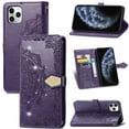 thumbnail image 1 of Wallet Case for iPhone 14 Pro, Glitter PU Leather Magnetic Closure Handbag Embossed Case Kickstand Card Holder Slots with Wrist Strap TPU Shockproof Flip Cover RFID Blocking, Purple, 1 of 12