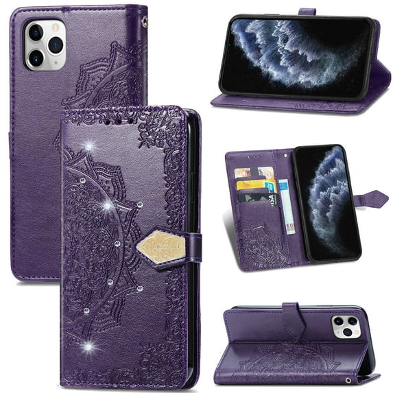 Wallet Case for iPhone 14 Pro, Glitter PU Leather Magnetic Closure Handbag Embossed Case Kickstand Card Holder Slots with Wrist Strap TPU Shockproof Flip Cover RFID Blocking, Purple