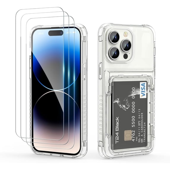 Wallet Case for iPhone 14 Pro Max with 3 PCS Screen Protectors, Clear Anti-Yellowing Shockproof Card Holder, Hidden Flip Card Slot Protective Cover Case for iPhone 14 Pro Max, 6.7'' Clear