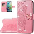 thumbnail image 1 of Wallet Case for iPhone 14 Pro Max,3D Butterfly Pattern PU Leather Case with Magnetic Clasp and Cash Card Slots Holder Holster for iPhone 14 Pro Max (6.7), HZD Rhinestone Pink, 1 of 9