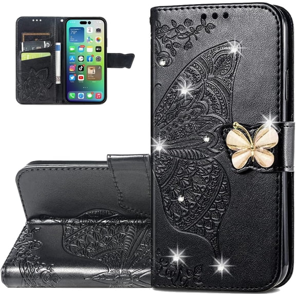 Wallet Case for iPhone 14 Pro Max,3D Butterfly Pattern PU Leather Case with Magnetic Clasp and Cash Card Slots Holder Holster for iPhone 14 Pro Max (6.7), HZD Rhinestone Black