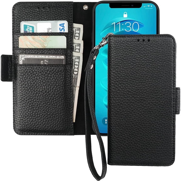 Wallet Case for iPhone 14 Pro Max 5G, Genuine Leather Support Wireless Charging RFID Blocking Flip Case Card Slots Holder, Kickstand Book Folding Folio Cover with Wrist Strap 6.7 Inch(Black)