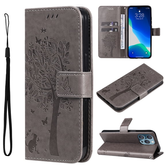 Wallet Case for iPhone 14 Pro Max 6.7" 2022, Allytech Embossed Tree&Cat PU Leather and TPU Bumper Anti-Shock Drop Proof Hand Strap Case for iPhone 14 Pro Max 5G, Gray