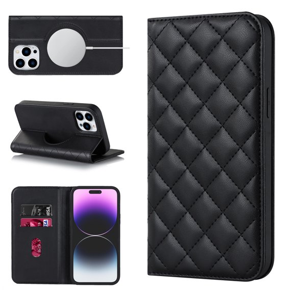Wallet Case for iPhone 14 Pro Max 6.7 inch, Luxury Quilted PU Leather Flip Cover [Shockproof TPU] [Support Wireless Charging] with 2 Card Slots, Kickstand, FRID Blocking Case Cover, Black