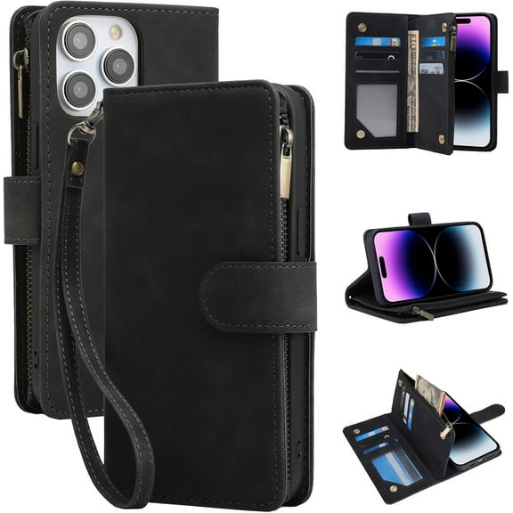 Wallet Case for iPhone 14 Pro Max 6.7 inch, Premium PU Leather Card Holder with RFID Blocking Zipper Flip Folio Wallet Wrist Strap Kickstand Protective Case (Black)