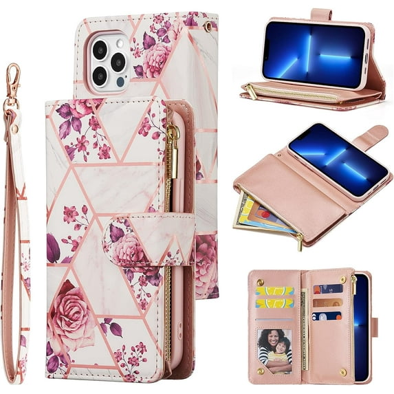 Wallet Case for iPhone 14 Pro Max 6.7 inch, Premium Vintage PU Leather Magnetic Closure Handbag Zipper Pocket Case Kickstand Card Slots with Wrist Strap Shockproof Flip Case - Pink Flower