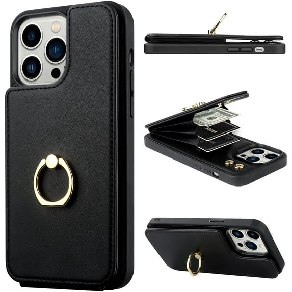 Wallet Case for iPhone 14 Pro Max with Card Holder 360°Rotation Ring Stand Kickstand Women Girls PU Leather Double Buttons Flip Cover RFID Blocking Protective Case 6.7 inch Violet