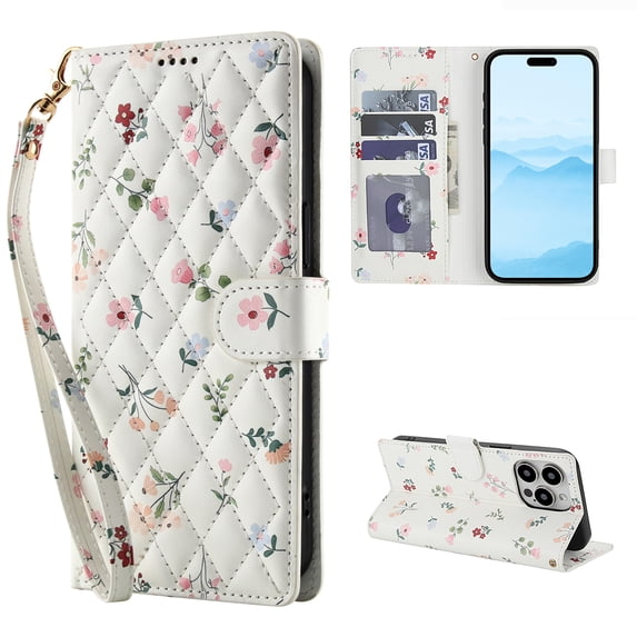 Wallet Case for iPhone 14 Pro Max with Credit Card Holder, Wrist Strap, Cute Floral Flower Pattern PU Leather Stand Flip Case, Magnetic Clasp Shockproof Cover for for iPhone 14 Pro Max, Pattern-A