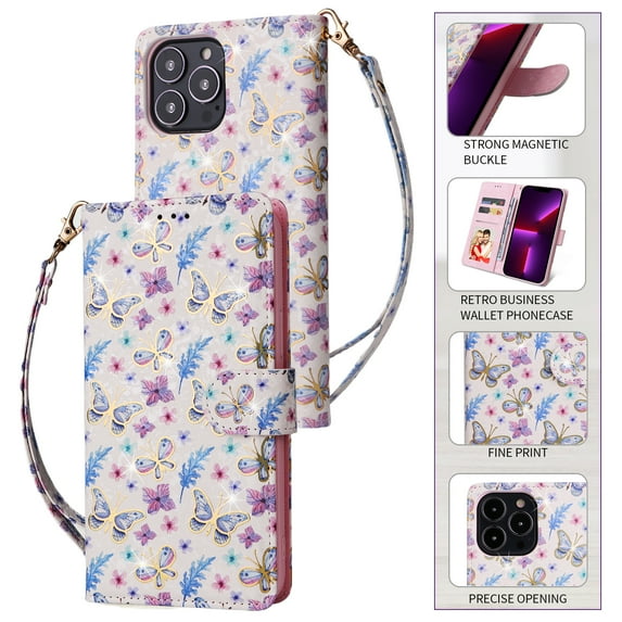 Wallet Case for iPhone 14 Pro Max with RFID Blocking Credit Card Slots Holder, Cute Patterned Gold Brushing Magnetic Flip Kickstand Wrist Strap Cover For iPhone 14 Pro Max, Butterfly Flower