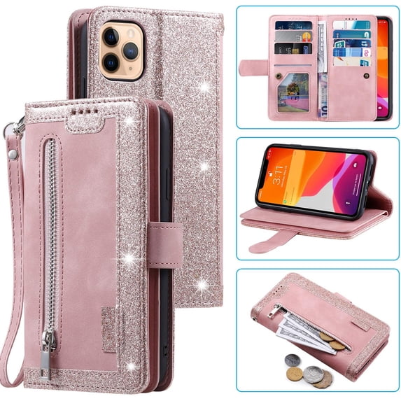 Wallet Case for iPhone 14 Pro Max, Retro Matte 9 Card Holder Slots Zipper Pocket Case PU Leather Magnetic Closure Kickstand with Wrist Strap Shockproof Folio Flip Case - Rose Gold