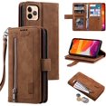 thumbnail image 1 of Wallet Case for iPhone 14 Pro Max, Retro Matte 9 Card Holder Slots Zipper Pocket Case PU Leather Magnetic Closure Kickstand with Wrist Strap Shockproof Folio Flip Case - Brown, 1 of 18