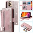 thumbnail image 1 of Wallet Case for iPhone 14 Pro Max, Retro Matte 9 Card Holder Slots Zipper Pocket Case PU Leather Magnetic Closure Kickstand with Wrist Strap Shockproof Folio Flip Case - Rose Gold, 1 of 17