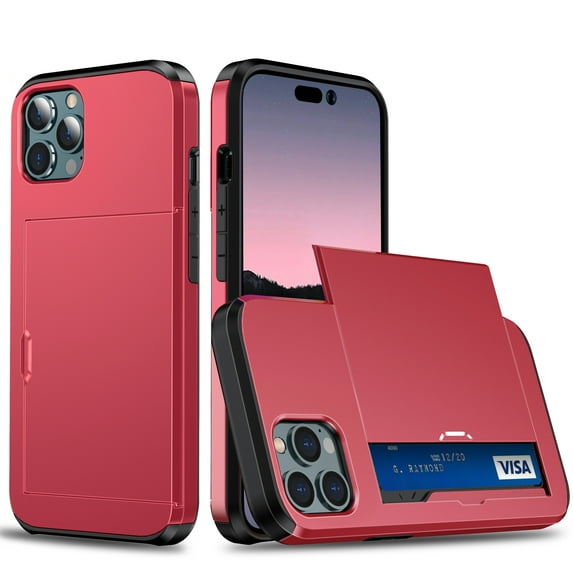Wallet Case for iPhone 14 Pro Max, Rugged Case with Credit Card Holder Sliding Slot, Military Grade Shockproof Scratch Resistant Anti-Drop Phone Cover for iPhone 14 Pro Max, Red