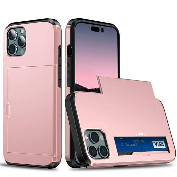 Wallet Case for iPhone 14 Pro Max, Rugged Case with Credit Card Holder Sliding Slot, Military Grade Shockproof Scratch Resistant Anti-Drop Phone Cover for iPhone 14 Pro Max, Rosegold