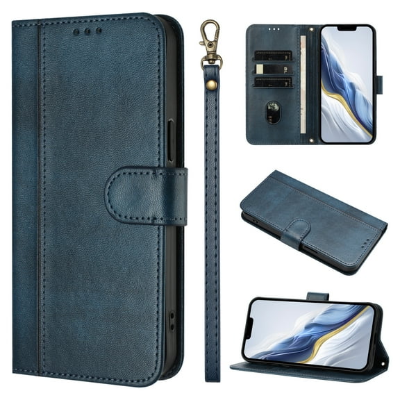 Wallet Case for iPhone 14 Pro Max, Short Strap PU Leather Case, Premium PU Leather Kickstand Magnetic Folio Cover for iPhone 14 Pro Max with Card Holder, Support Wireless Charging - Blue