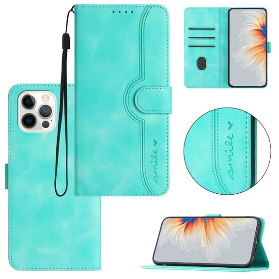 Wallet Case for iPhone 14 Pro Max, Smile Design Premium Leather Credit Card Holder Wallet RFID Blocking Case with Wrist Strap Stand Magnetic Flip Cover For iPhone 14 Pro Max, Green