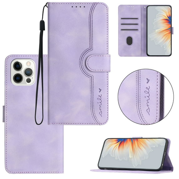 Wallet Case for iPhone 14 Pro Max, Smile Design Premium Leather Credit Card Holder Wallet RFID Blocking Case with Wrist Strap Stand Magnetic Flip Cover For iPhone 14 Pro Max, Purple