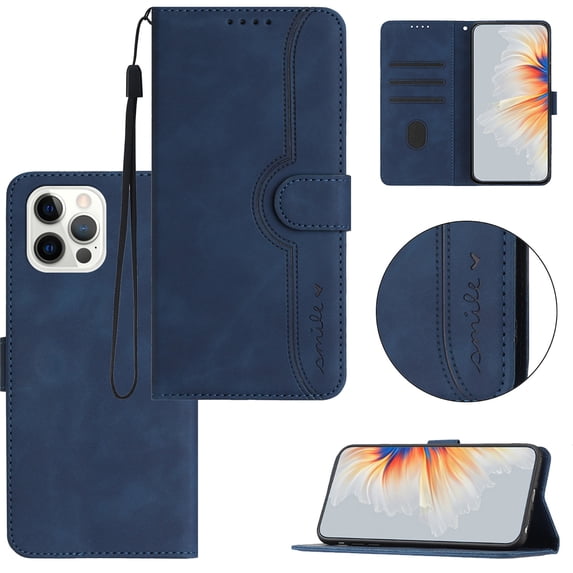 Wallet Case for iPhone 14 Pro Max, Smile Design Premium Leather Credit Card Holder Wallet RFID Blocking Case with Wrist Strap Stand Magnetic Flip Cover For iPhone 14 Pro Max, Darkblue