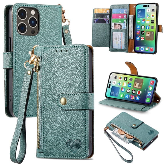 Wallet Case for iPhone 14 Pro Max Women Men, Durable PU Leather Magnetic Flip Lanyard Strap Wristlet Zipper Card Holder Kickstand Wallet Phone Case Cover Full Body Protection, Green