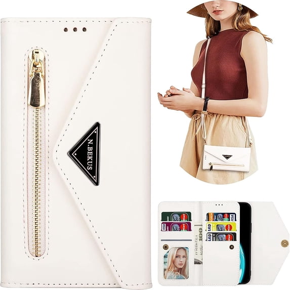 Wallet Case for iPhone 14 Pro Max for Women, Shoulder Crossbody Purse Handbag Neck Strap Lanyard Cover with ID Card Holder Phone Case for iPhone 14 Pro Max XK White