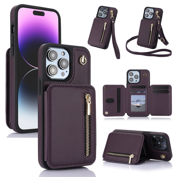 Wallet Case for iPhone 14 Pro Max with Wrist and Shoulder Strap, Card Holder Kickstand Feature Flip Zipper PU Leather RFID Blocking Magnetic Buckle Phone Cover for iPhone 14 Pro Max, Purple