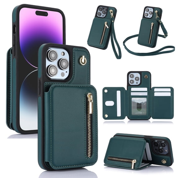 Wallet Case for iPhone 14 Pro Max with Wrist and Shoulder Strap, Card Holder Kickstand Feature Flip Zipper PU Leather RFID Blocking Magnetic Buckle Phone Cover for iPhone 14 Pro Max, Green