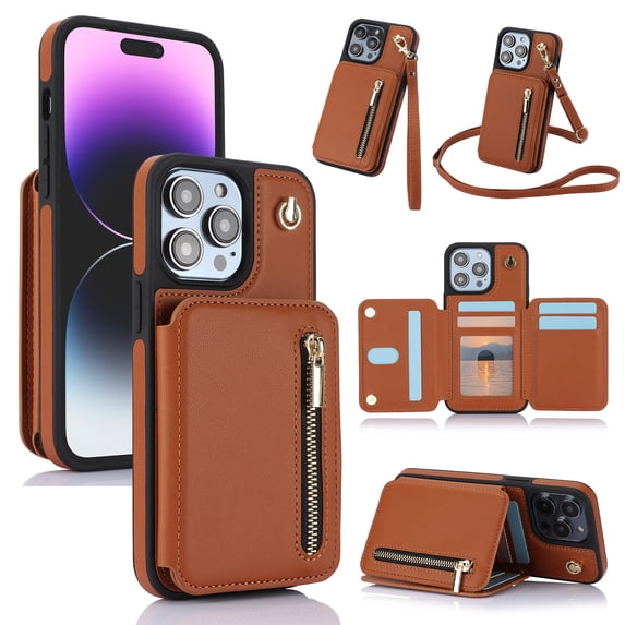 Wallet Case for iPhone 14 Pro Max with Wrist and Shoulder Strap, Card Holder Kickstand Feature Flip Zipper PU Leather RFID Blocking Magnetic Buckle Phone Cover for iPhone 14 Pro Max, Brown