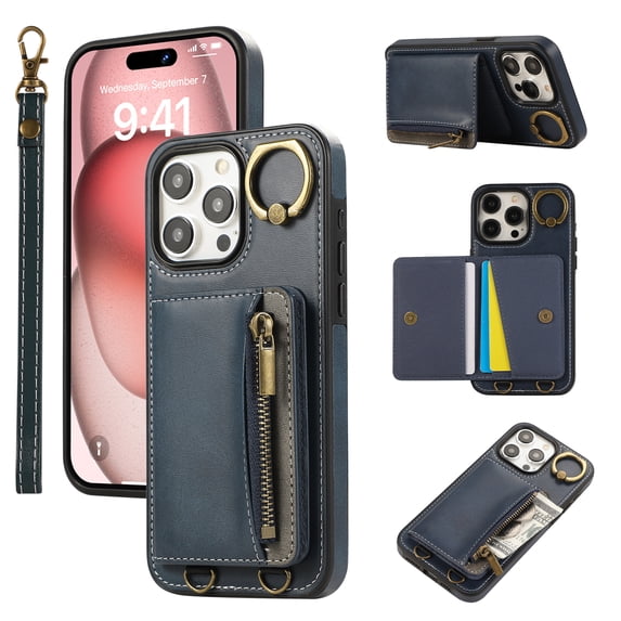 Wallet Case for iPhone 14 Pro Max, with Wrist Strap 360 Rotating Finger Ring Flip Zipper PU Leather Stand Card Slots Shockproof Drop Protective Phone Cover Girls Women Magnetic Buckle, Blue