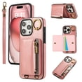 thumbnail image 1 of Wallet Case for iPhone 14 Pro Max, with Wrist Strap 360 Rotating Finger Ring Flip Zipper PU Leather Stand Card Slots Shockproof Drop Protective Phone Cover Girls Women Magnetic Buckle, Pink, 1 of 8