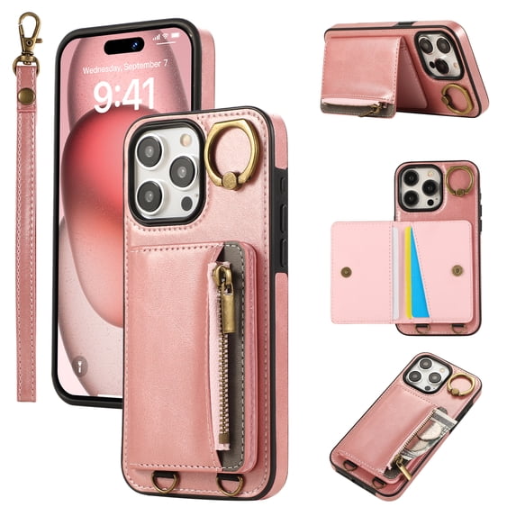Wallet Case for iPhone 14 Pro Max, with Wrist Strap 360 Rotating Finger Ring Flip Zipper PU Leather Stand Card Slots Shockproof Drop Protective Phone Cover Girls Women Magnetic Buckle, Pink