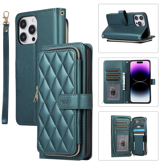 Wallet Case for iPhone 14 Pro Max Zipper Purse Cover, PU Leather Wrist Strap and Chain Strap Crossbody Case with Card Holder Shockproof Full Body Protection Phone Case for Women Girls, Darkgreen
