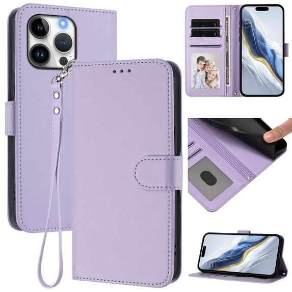 Wallet Case for iPhone 14 Pro, PU Leather Protective Case Wallet with Card Holder/Cash Slot, Flip Kickstand, Wrist Hand Strap, Magnetic Clasp, Shockproof Full Body Phone Cover, Lightpurple