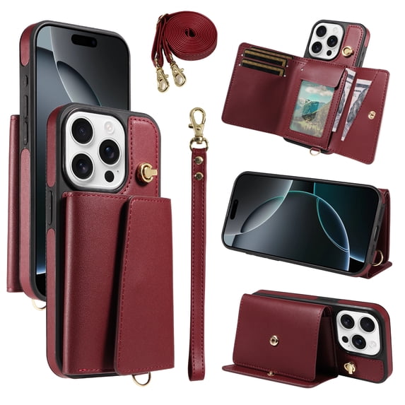 Wallet Case for iPhone 14 Pro, PU Leather + TPU Shockproof Cover with Card Slots, Cash Pocket, Long & Short Straps, Kickstand, Button Closure, Gift for Women Men Family Friends, Winered
