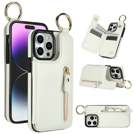 Wallet Case for iPhone 14 Pro, Premium Vintage PU Leather Magnetic Closure Handbag Zipper Pocket Case Kickstand Card Holder Slots with Ring Hook Shockproof Flip Cover for iPhone 14 Pro, White