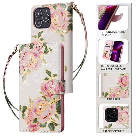 Wallet Case for iPhone 14 Pro with RFID Blocking Credit Card Slots Holder, Cute Patterned Gold Brushing Magnetic Flip Kickstand Wrist Strap Cover For iPhone 14 Pro, Love Rose