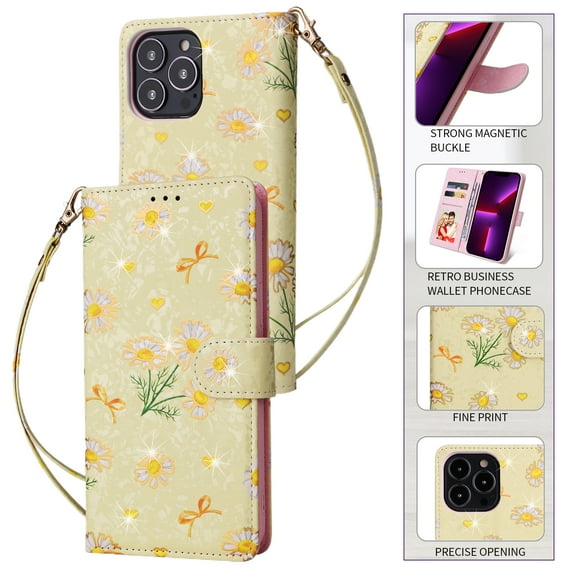 Wallet Case for iPhone 14 Pro with RFID Blocking Credit Card Slots Holder, Cute Patterned Gold Brushing Magnetic Flip Kickstand Wrist Strap Cover For iPhone 14 Pro, Yellow Daisy