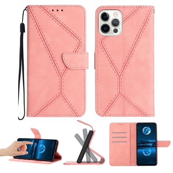 Wallet Case For iPhone 14 Pro, RFID Blocking Magnetic Flip Case with Card Slots Holder Kickstand Wrist Strap, PU Leather Folio Shockproof Protective Cover For iPhone 14 Pro, Pink