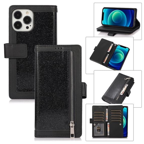 Wallet Case for iPhone 14 Pro Shining Zipper Pocket Cover, Glitter Sparkle Luxury PU Leather Magnetic Flip Folio Case with Card Slots Kickstand Wrist Hand Strip Shockproof Case, Black
