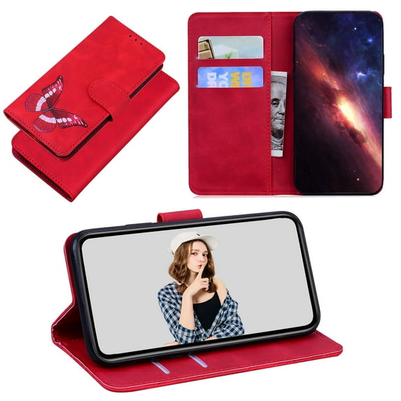 Wallet Case for iPhone 14 Pro, Shockproof TPU Inner Case with RFID Blocking Credit Card Holders, PU Leather Folding Book Flip Magnetic Phone Cover for iPhone 14 Pro - Red