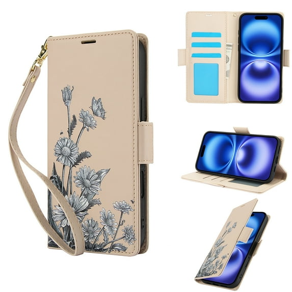 Wallet Case for iPhone 14 Pro, Stylish PU Leather Case Kickstand RFID Blocking Flip Case Card Slots Wrist Strap Floral Pattern Magnetic Closure Folio Cover, Heavy Duty Protection, Apricot