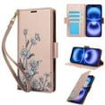 thumbnail image 1 of Wallet Case for iPhone 14 Pro, Stylish PU Leather Case Kickstand RFID Blocking Flip Case Card Slots Wrist Strap Floral Pattern Magnetic Closure Folio Cover, Heavy Duty Protection, Rosegold, 1 of 6