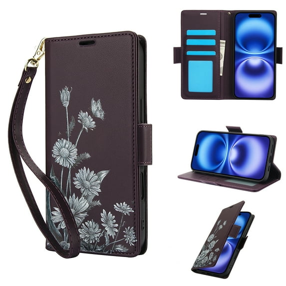 Wallet Case for iPhone 14 Pro, Stylish PU Leather Case Kickstand RFID Blocking Flip Case Card Slots Wrist Strap Floral Pattern Magnetic Closure Folio Cover, Heavy Duty Protection, Darkpurple