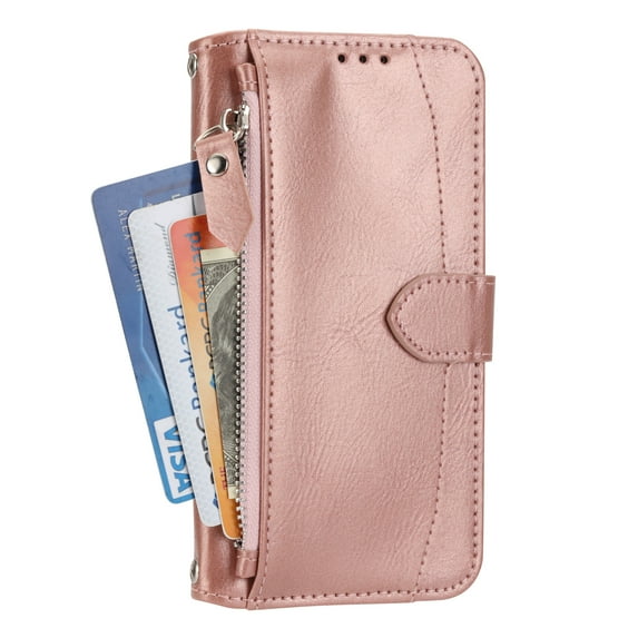 Wallet Case for iPhone 14 Pro, TECH CIRCLE Adjustable Crossbody Strap Zipper Purse Case PU Leather Flip Folio Card Holder Kickstand Wrist Strap Case For iPhone 14 Pro,Rosegold