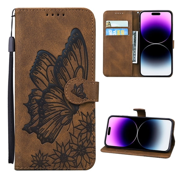 Wallet Case for iPhone 14 Pro, Vintage Design Embossed Butterfly Pattern PU Leather Book Style Shockproof Cover with Card Holder Stand Magnetic Clasp Case for iPhone 14 Pro, Brown